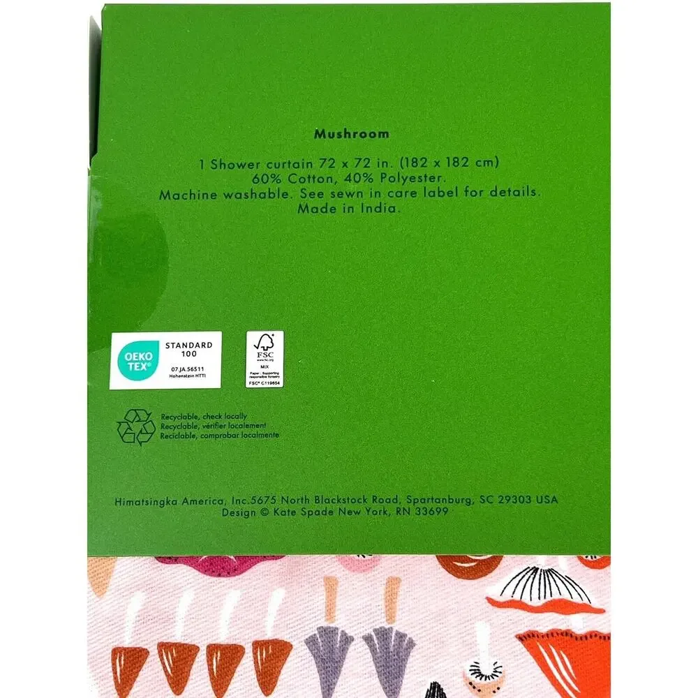 KATE SPADE New York MUSHROOM Fabric SHOWER CURTAIN 72” x 72” Pink Multicolor